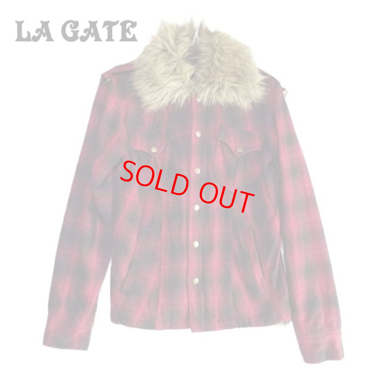 画像1: 【お兄系 渋谷系カジュアル】LA GATE（エルエーゲート）ブロックチェック　フェイクファー付き　ネルシャツ ブルゾン レッド・ブラック赤黒 1（M‐Lサイズ）【仙台倉庫】メンズ古着 コート (1)