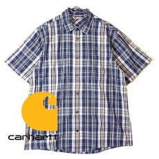 画像1: 【80年代ヴィンテージ】三角タグ　Carhartt（カーハート） チェック柄 半袖 シャツ　Lサイズ　ネイビー・グレー【湘南倉庫】メンズ古着 (1)