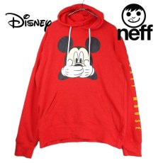 画像1: Disney×NEFF ディズニー ネフ キャラクター ミッキーマウス 袖ロゴ フーテッド スウェット パーカー レッド【湘南倉庫】USメンズ古着 ユニセックス　TDS TDL (1)