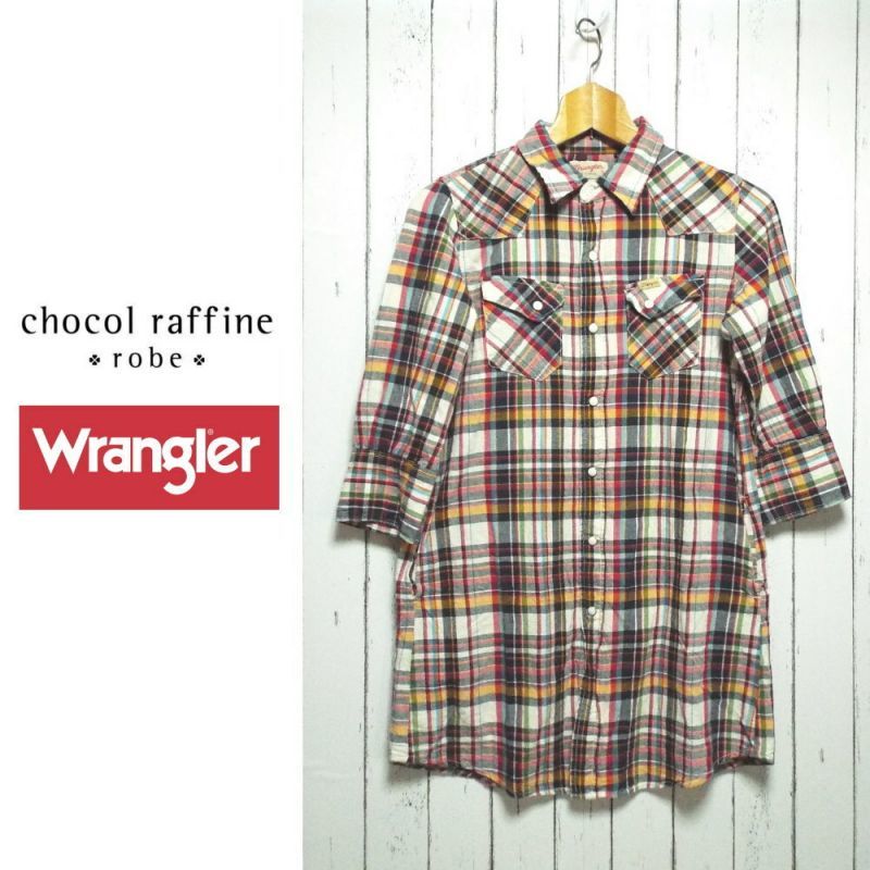 レディースシャツ特集 マルチチェックの可愛い１着 ショコラフィネローブ Chocol Raffine Robe ラングラー Wrangler コラボ ウエスタンロング丈 七分袖シャツワンピース スナップボタン サイズ M 肩幅 36cm Used 古着 メンズ レディースブランド古着