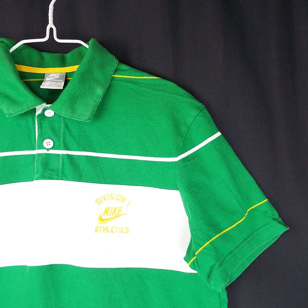 90年代テイスト NIKE SPORTSWEAR ナイキ DIVISION1 ATHLETICS（アスレチックス）ラガーシャツ　半袖  ポロシャツ｜グリーン・ホワイト　サイズ：XL　USED古着　大きいサイズ