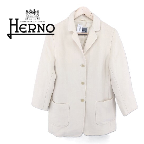 【イタリア製 の貴重なビンテージ古着】HERNO（ヘルノ）ミディアム　ウール100%　コート｜アイボリー（オフホワイト） サイズ：42 レディース古着【仙台倉庫】